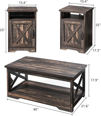AMERLIFE 3-Piece Farmhouse Table Set Includes Coffee Table& Two End Tables, Side Table with Charging Station and USB Ports, for Living Room, Dark Oak