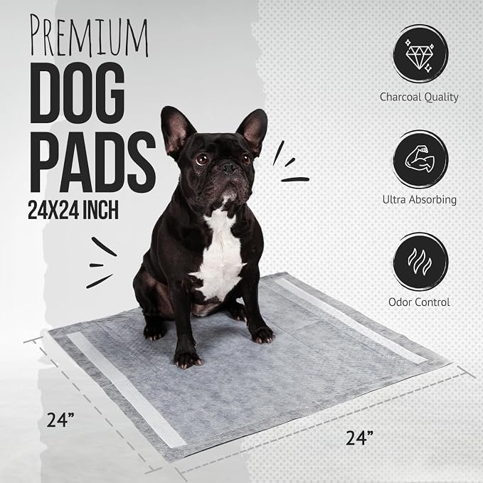 Bulldoglogy 50-Count Carbon Black Dog Pads Puppy Training Pads with Adhesive Tape 24x24 - Large Charcoal Puppy Pads Dog Training Wee Pads, Odor Control Thick Pee Pads for Dogs Extra Quick Dry