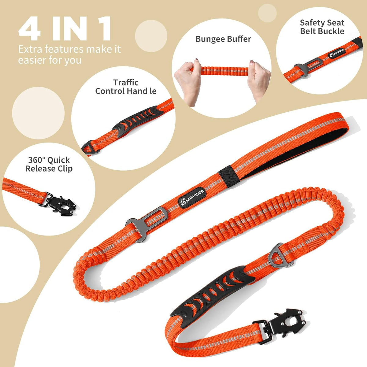 Heavy Duty Tactical Dog Leash, 4-6FT Shock Absorbing Bungee Leash with 2 Padded Handles, Metal Carabiner Clip, Car Seatbelt, Reflective leashes for Large Breed Dogs Medium Dog (Orange)
