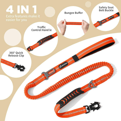 Heavy Duty Tactical Dog Leash, 4-6FT Shock Absorbing Bungee Leash with 2 Padded Handles, Metal Carabiner Clip, Car Seatbelt, Reflective leashes for Large Breed Dogs Medium Dog (Orange)
