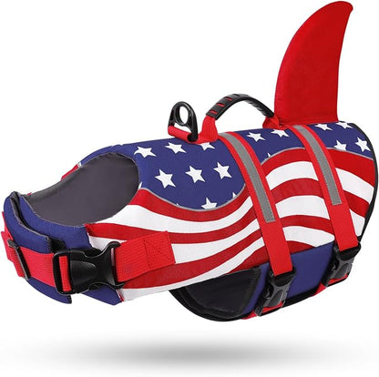 Shark Dog Life Vest for Swimming, Pet Life Vests for Boating, High Buoyant DogLife Jacket, Ripstop High Flotation Swimsui for Small, Medium, Large Dogs (USA Flag,XS)