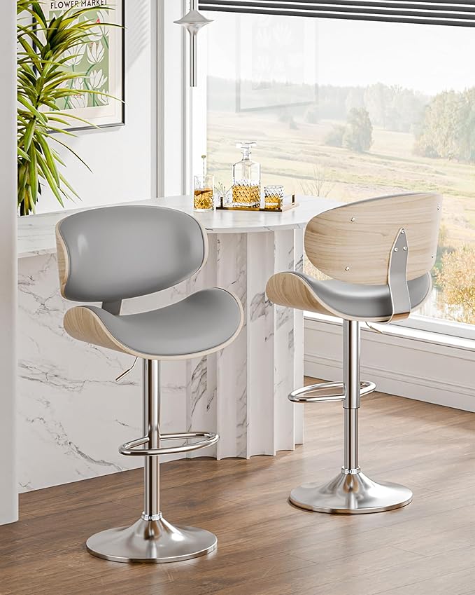 Aowos Bar Stools Set of 2, Adjustable Swivel Leather Bar Stools for Kitchen Island, Mid Century Modern Counter Height Bar Chairs Barstools with Back & Footrest (Grey)