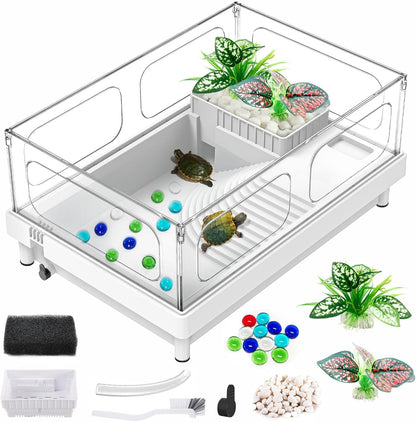 GOZILLA Small Turtle Tank, Acrylic Turtle Tank Starter Kit, Reptile Habitat and Terrarium with Multi-Functional Areas for Tortoise, Crab, Crayfish, Small Reptile.(Black Tank)