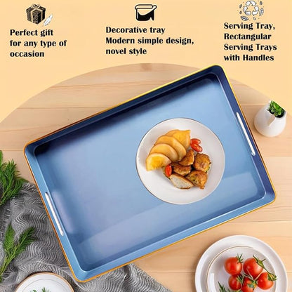 Large Blue Coffee Table Tray, Decorative Serving Tray with Handles, Plastic Rectangular Tray for Ottoman, Bathroom, Living Room.16.7"*12"*1.6"