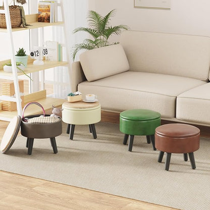 FIMIVIBI Small Foot Stool Ottoman with Storage, Faux Leather Ottoman Foot Rest for Couch, Round Footstool Ottomans for Living Room (Black)