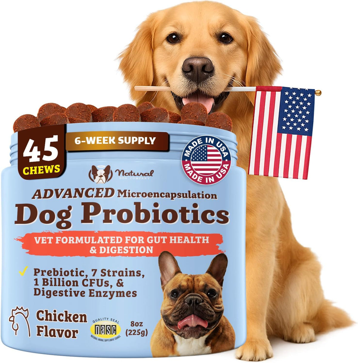 Natural Dog Company Gut Health & Probiotic Chews for Dogs (45 Ct), Prebiotics, Digestive Enzymes & Canine Specific Probiotics for Digestion, Gas, Loose Stool & Immune System Support, 1 Chew Daily