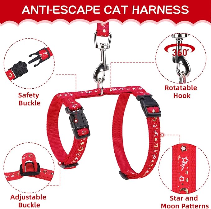 PAWCHIE Cat Harness with Leash and Collar Set - Escape Proof Adjustable H-shped Cat Harness with Star and Moon Pattern Glow in The Dark for Kitty Outdoor Walking, Red M