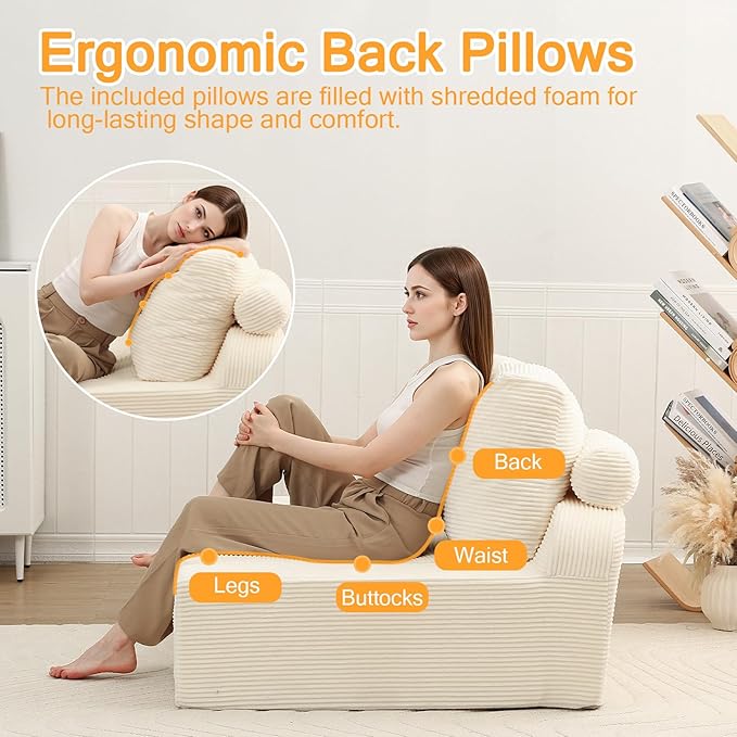 COMAX Convertible Sofa Bed Queen, Folding Floor Couch Corduroy Fold Out Couch Bed Sleeper Mattress with Back Pillows, Boneless Pull Out Loveseat Comfy Futon Lounge for Living Room Bedroom, Beige