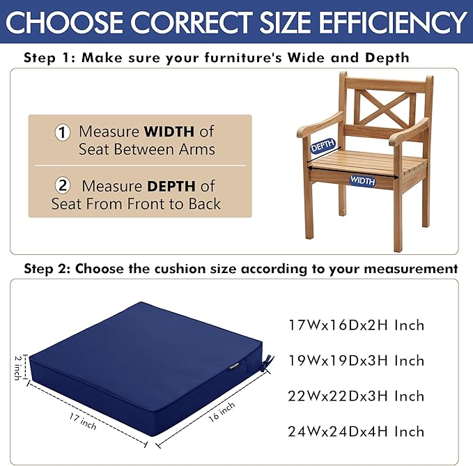 Outdoor Chair Cushions 16 x 17 Inch Waterproof Patio Chair Cushions with Tie 5 Year Color Fastness Thick Outdoor Seat Cushion for Garden Lawn Patio Furniture Navy Set of 2