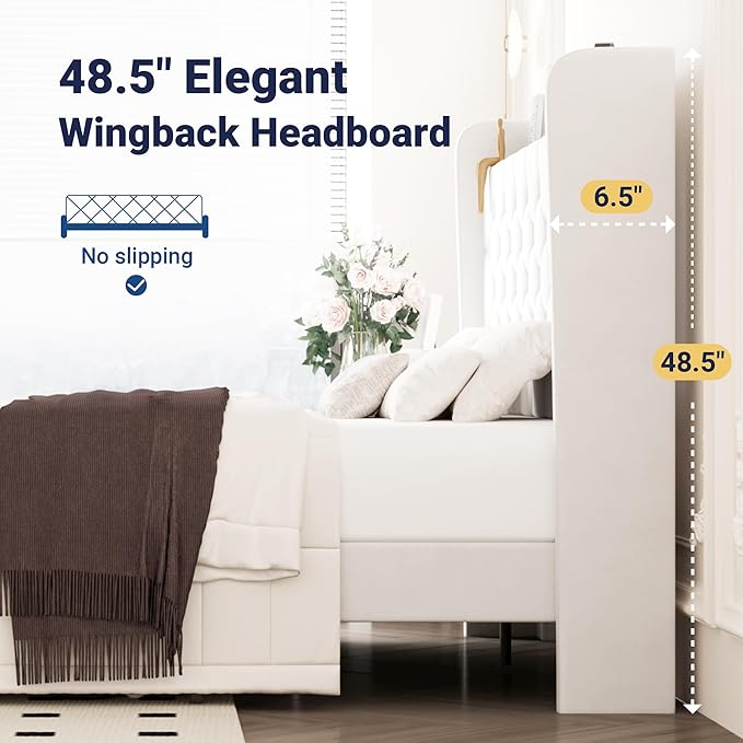 Allewie Queen Size Bed Frame, Storage Headboard with Charging Station, Wingback Velvet Upholstered, Diamond Stitched Button Tufted, Sturdy Wooden Slats, No Box Spring Needed, Easy Assembly, White