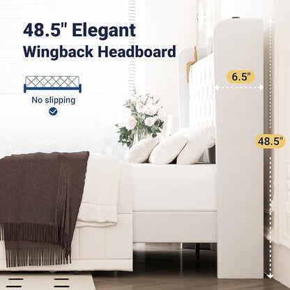 Allewie Queen Size Bed Frame, Storage Headboard with Charging Station, Wingback Velvet Upholstered, Diamond Stitched Button Tufted, Sturdy Wooden Slats, No Box Spring Needed, Easy Assembly, White