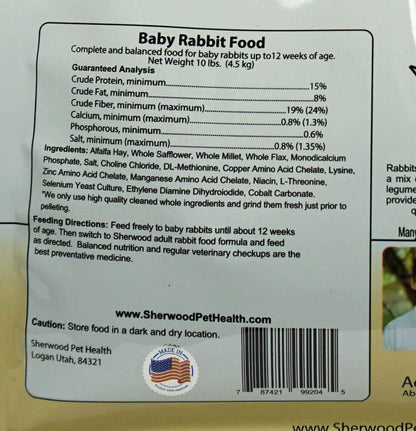 Sherwood Baby Rabbit Food. Hay-Based Pellet. No Wheat, Corn, or Soy for Better Digestion. 10 lbs