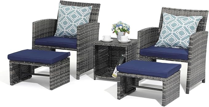 OC Orange-Casual 5 Piece Patio Furniture Set, Wicker Outdoor Conversation Chair and Ottoman Set with Coffee Table, Pillows Included, for Balcony, Porch, Deck, Navy Blue