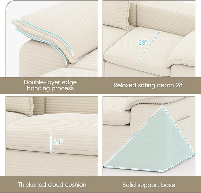 Buytime 65.6" Chaise Lounge Chair Indoor, Boneless Upholstered Sofa Bed, Corduroy Comfy Sleeper Chair for Living Room and Bedroom, Cream Beige