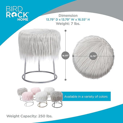 BIRDROCK HOME Round Faux Fur Foot Stool - Small Padded Ottoman with Soft Cushion for Living Room, Bedroom, or MakeUp Room - Modern Upholstered Accent Chair, Vanity Seat, Footrest for Couch/Sofa - Grey