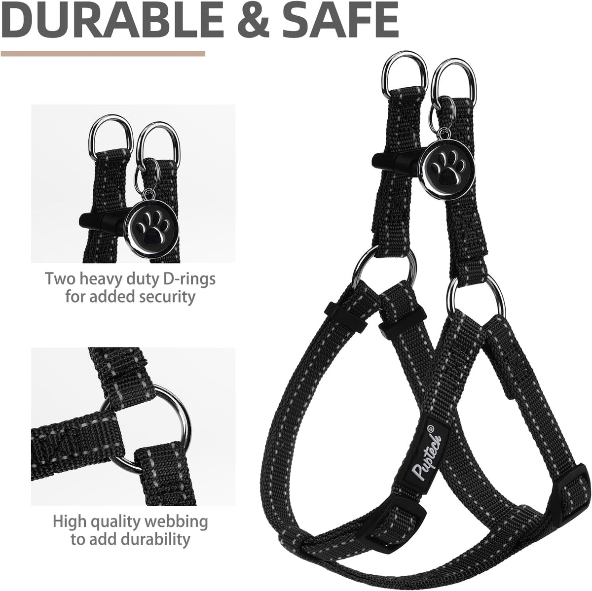 PUPTECK No Pull Dog Harness Soft Adjustable Basic Nylon Step in Puppy Vest Outdoor Walking with ID Tag, Reflecive Black, S