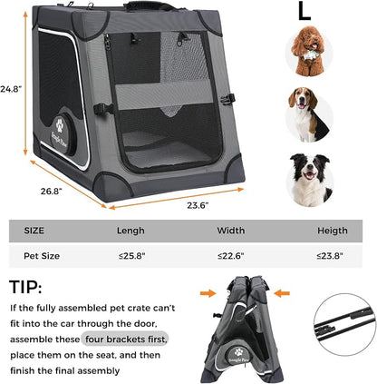 Snagle Paw Dog Car Crate for Back Seat, Portable, Large, Gray | 3-point seat securement, breathable mesh, feeding windows, folds flat, for road trips, camping and vet visits