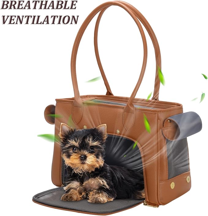 Minsong Fashion Pet Carrier Purse for Small Cat and Dog, Luxury Pu Soft-Sided Tote Bag with Large Pockets for Dogs and Puppies (Brown, 13.6" L x 6" W x 10.0" H)