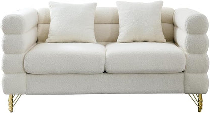 mikibama Modern Teddy Loveseat Sofa, 60 Inch Sectional Sofa Couch, Luxury 2 Seater Deep Couch with 2 Pillows and Gold Metal Legs for Living Room, Bedroom, Apartment (White)