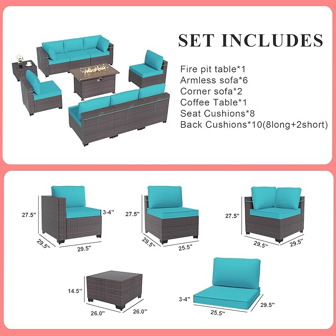 Gotland 10 Pieces Patio Furniture Set with Fire Pit Table, All Weather Rattan Outdoor Furniture with 29.5'' High Backrest 4’’ Thick Cushions Coffee Table, Outdoor Sofa for Deck, Garden, Backyard, Blue