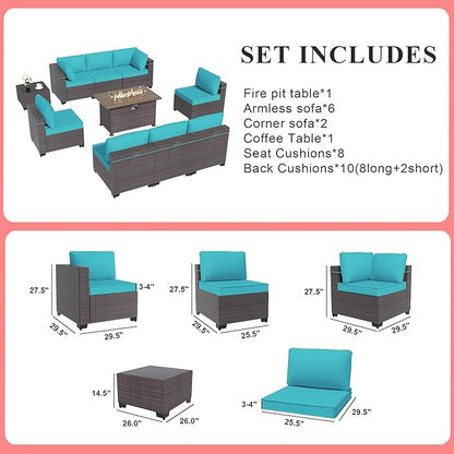 Gotland 10 Pieces Patio Furniture Set with Fire Pit Table, All Weather Rattan Outdoor Furniture with 29.5'' High Backrest 4’’ Thick Cushions Coffee Table, Outdoor Sofa for Deck, Garden, Backyard, Blue