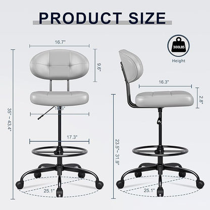 Misolant Drafting Chair, Armless Tall Office Chair with Footrest Ring for Standing Desk, Small Faux Leather Executive Computer Chair with Adjustable Height for Bar Lab Counter Height Desk, Gray