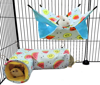 Large Caliber Guinea Pig & Rat Tunnel Hideout & Hammock, Corner Hideout Toy for Guinea Pig, Ferret, Hedgehog & Piggy to Hide and Shuttle (3. Hammock&Tunnel-Watermelon)