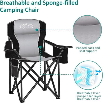 SAILARY Camping Chair Heavy Duty High Back Folding Chair with Cup Holder, 450lbs Capacity, Padded Seat, Cooler Bag & Storage Pocket, Portable for Outdoor, Beach, Fishing, Sports, Black
