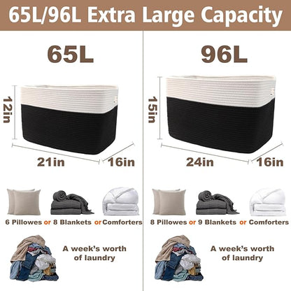 Woven Blanket Basket,96L Large Storage Bin for Blankets Toys Clothes,Decorative Rope Basket for Living Room Bedroom with Handles, White&Black