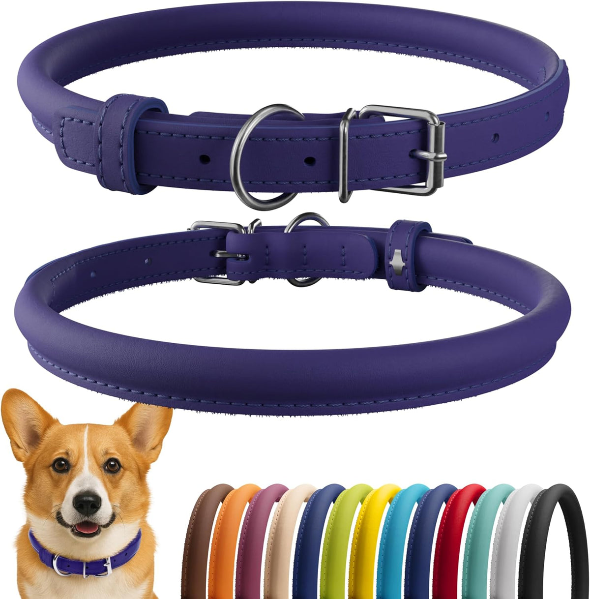 CollarDirect Rolled Leather Dog Collar, Soft Padded Round Puppy Collar, Handmade Genuine Leather Collar Dog Small Large Cat Collars 13 Colors (11-14 Inch, Purple Smooth)