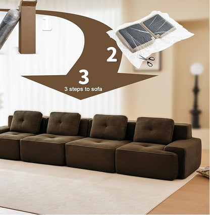 150" Modern Corduroy Cloud Sofa, Boneless Modular Large Sectional Couches for Living Room, Brown 4 Seater Compressed Memory Foam Couch, Extra Deep Seat, No Assembly