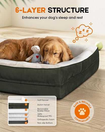 Upvilla Orthopedic Dog Bed XL, Four-Sided Dog Sofa, Washable Cover, Green | Removable Waterproof Dog Bed Cover, Egg-Crate Orthopedic Foam, Built-In Carry Handle, Indoor Large Pet Beds, Cat Beds