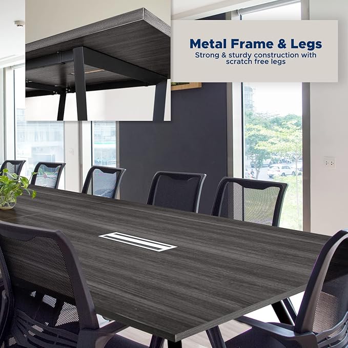 ahliss Sturdy Conference Table with Cable Management Grommets Modern Rectangle Office Meeting Table with Wood Tabletop and Metal Frame & Legs- Easy Assembly Boardroom Table (Grey, 12 Foot)