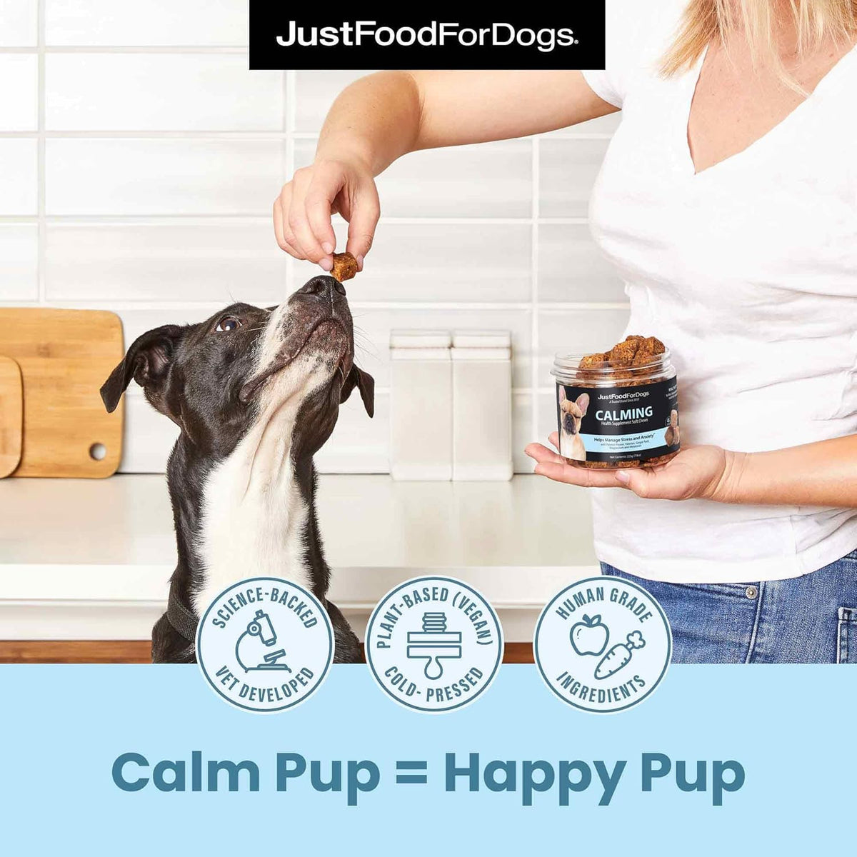 JustFoodForDogs Calming Supplement for Dogs Soft Chew to Support Stress and Anxiety, Melatonin, Relaxation Aid, Human-Grade Ingredients - 45 Count