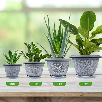 10 Inch Flower Pots Planters for Indoor Outdoor Plants, 3 Pack Plastic Large Plant Pots with Drainage Hole & Tray, Modern Decorative Garden Pot with Saucer, Plant Container for House