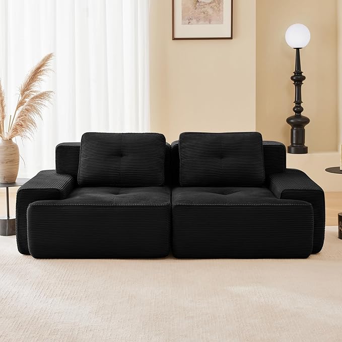 80" Modern Corduroy Boneless Love Seat Couches, 2 Seater Large Sectional Couches for Living Room, Black Cloud Modular Sectional Sofa, Memory Foam, Extra Deep Loveseat, No Assembly