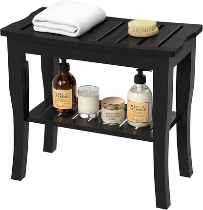 Domax Bamboo Shower Benches for Inside Shower - Bathroom Bench Seat Waterproof Wooden Shower Stool with Storage Shelf for Adults Elderly Seniors Wood Shower Chair for Bathtub or Small Spaces, Black