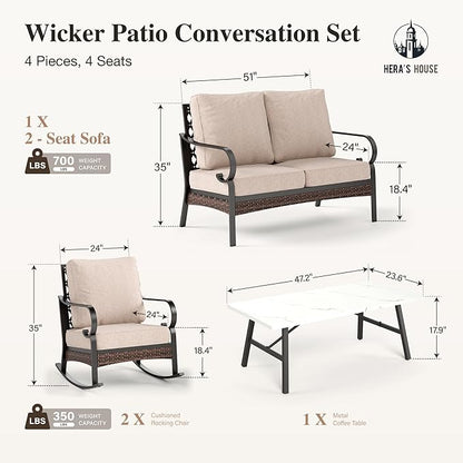 HERA'S HOUSE 4 Piece Metal Patio Furniture Set, 2 x Rocking Cushioned Chair, 2-Seat Lover Sofa with Coffee Table, All Weather Outdoor Conversation Set for Lawn Garden Backyard Deck, Beige