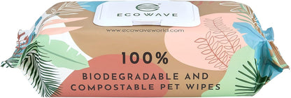 Eco Wave Hypoallergenic Plant-Based Pet Wipes, Dog and Cat Grooming Wipes for Face, Ears, Body, Butt, and Paws, Fragrance Free, Compostable, 100 Count