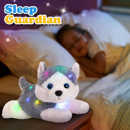 Houwsbaby 13'' Gray Light Up Husky Stuffed Animal Dog Soft Plush Night Light Puppy Toy Hugging Pillow Companion Holiday Christmas Birthday Present for Kids Boys Girls Toddlers