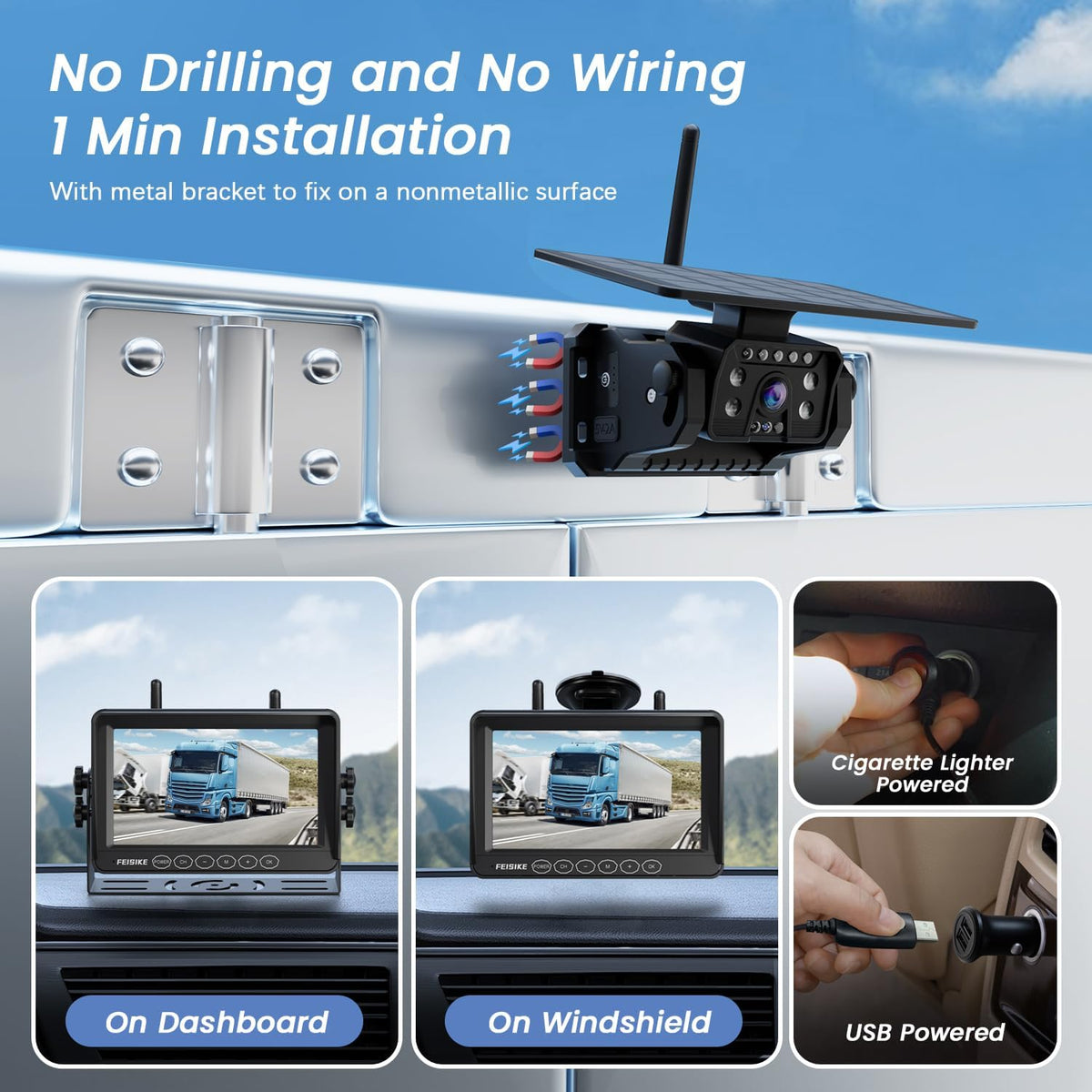 Dual Magnetic Solar Wireless Backup Camera for RV Truck Trailer ??7" 1080P Monitor with Recording, 1-Min Install, No Delay, Wide View, IR Night Vision, 4 Channels, Auto-Sleep Rechargeable