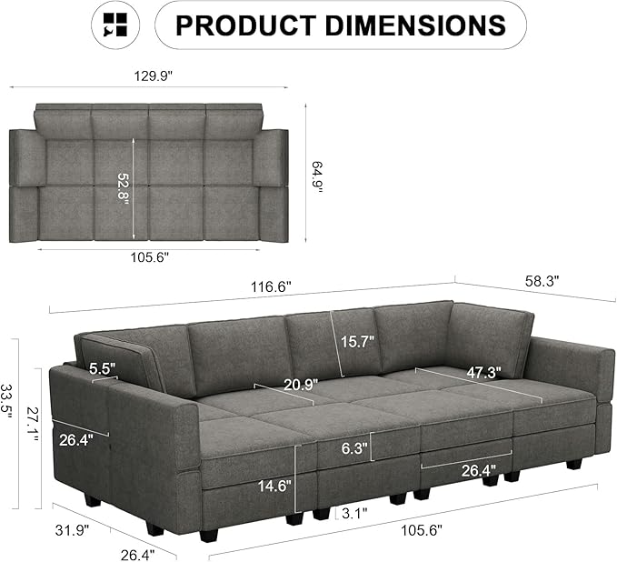 Belffin Modular Sectional Sleeper Sofa Bed Convertible Sectional Couches for Living Room. Light Grey Couch