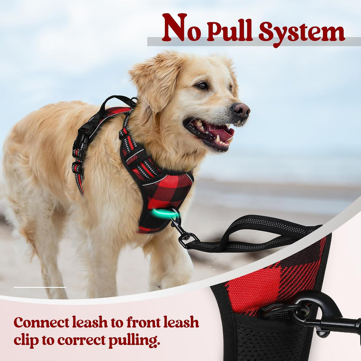rabbitgoo Dog Harness No Pull with 2 Leash Clips, Adjustable Soft Padded, Reflective Oxford No Choke Pet Vest with Easy Control Handle for Medium Sized Dogs, Red Plaid, M