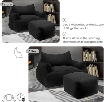 YOURLITE Bean Bag Chair for Adults with Footrest, High-Resilience Foam Filled Bean Bag Sofa with Armrests and Backrest, Comfy Corduroy Floor Sofa for Living Room, Bedroom or Balcony (Dark Grey)