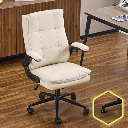 VINGLI Comfy Beige Leather Office Desk Chair, High-Back Support Ergonomic Computer Task Gaming Chair,with Removable wheels,360° Swivel,Adjustable Height,Flip-Up Arms,for Adults,Teen,Vanity,Home Office
