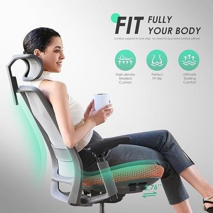 COLAMY Ergonomic Office Chair, Mesh Desk Chair with High Back, Lumbar Support, Adjustable Headrest and 4D Arms, Slide Seat, Tilt Lock-Coral
