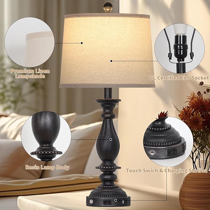 28" Tall Farmhouse Table Lamps for Living Room Set of 2,Vintage Rustic Black Bedside Touch Lamp with USB C+A Ports & AC Outlet, 3-Way Dimmable Resin Nightstand Lamp for Bedroom Entryway Office
