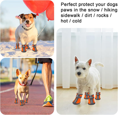 Dog Shoes for Small Dogs, Puppy Dog Boots & Paw Protector for Winter Snow Day, Summer Hot Pavement, Waterproof in Rain Weather, Ourdoor Hiking, Indoor Hardfloors with Anti Slip Sole 4PCS/Set