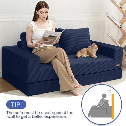 COMAX Convertible Sofa Bed Queen, Corduroy Folding Floor Couch Pull Out Couch Bed Futon Sleeper with Pillows, Fold Out Boneless Sofa Comfy Lounge Mattress Loveseat for Living Room Bedroom, Navy