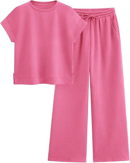 PRETTYGARDEN 2 Piece Outfits For Women Casual Tracksuit Short Sleeve Tops And Wide Leg Long Pants Matching Lounge Sets